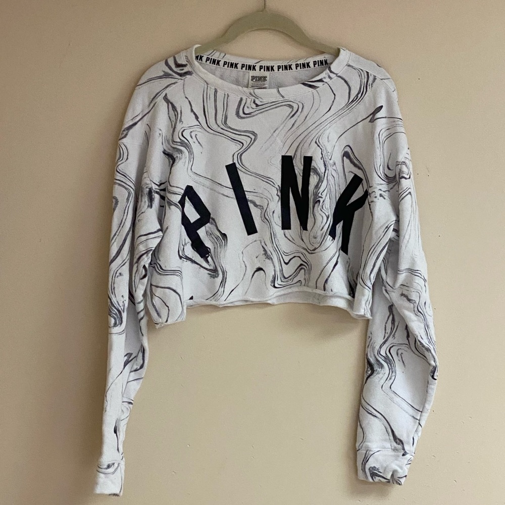 PINK Victoria's Secret Marble Print Cropped Sweatshirt - White/Black